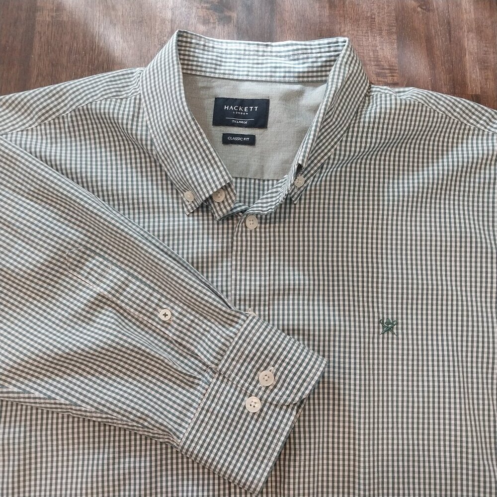 Hackett Button Down Shirt Mens 2XL Green White Check Long Sleeve Classic Fit